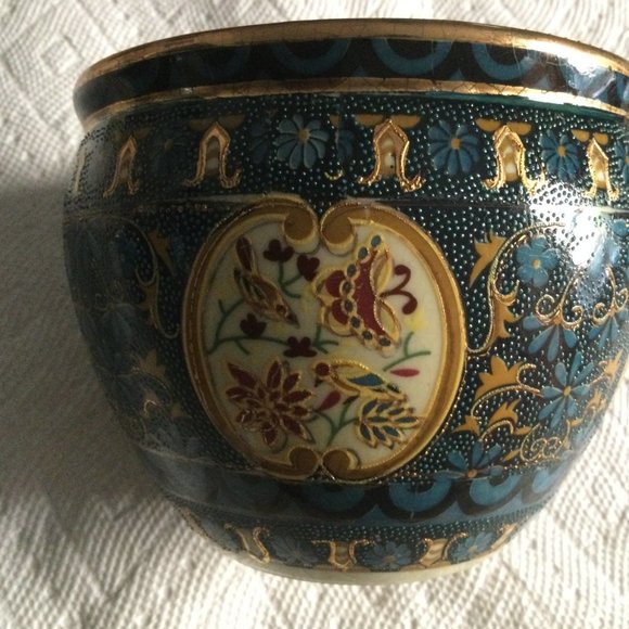 Beautiful Hand painted small planter vase bowl blue 3.75" x 4.75" - Picture 5 of 9